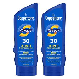lot 12239 image: Coppertone Sport Sunscreen Lotion SPF 30, Sweat, Heat and Water Resistant Sunblock, Lightweight, Oxybenzone Free, Sunscreen Twin Pack, 7 Fl Oz Bottle, Pack of 2
