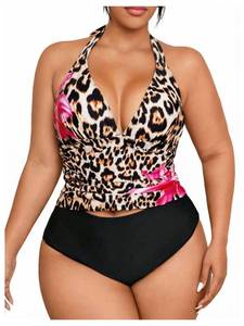 lot 12240 image: Verdusa Womens Plus Size 2 Piece Leopard Floral Halter Tankini Swimsuits Ruched Babydoll Tops with Panty Brown Multi 3X-Large Plus