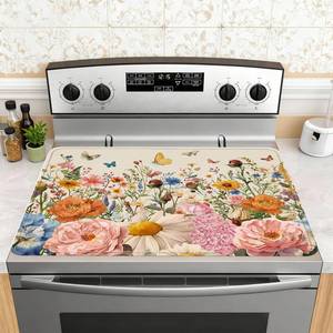 lot 12253 image: Retro Floral Stove Top Cover for Electric Stove 28x20 - Wild Flowers Ceramic Stove top Cover, Floral Heat Resistant Glass Cooktop Cover, Flat RV Range Stovetop Protector, Dish Drying Mat for Kitchen