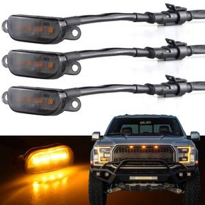 lot 12258 image: Boigoo Front Grill Lights Compatible with Ford F150 Raptor 2004-2019 & Dodge Ram 1500 2013-2018 Raptor Style Aftermarket Grilles, Cars Grid Decorative Amber LED (Yellow Lights Smoked Lens)