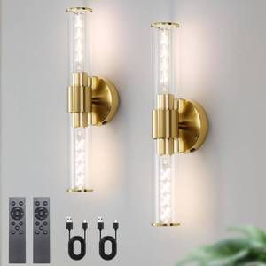 lot 13937 image: HONGREN Battery Operated Wall Sconces Set of Two Glass Gold Rechargeable Wall Sconces with Remote Control LED Dimmable Wall Lights for Living Room Hallway (2 Pack)