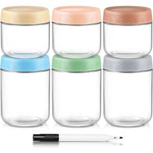 lot 13946 image: DRKIO 10 & 16 Oz Overnight Oats Containers with Lids - 6 Pack Glass Storage Jars with Airtight Lids Wide Mouth Mason Food Jars Great for Meal Prep Salad Chia Puddirg Snacks Yogurt Sugar Spice Cereal