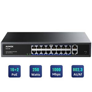 lot 13947 image: Aumox 18-Port Ethernet Gigabit PoE Switch, 16-Port PoE with 2 Uplink Gigabit Ports, 250W Built-in Power, Metal Casing and 19-inch Rackmount, Traffic Optimization, Plug and Play, Unmanaged