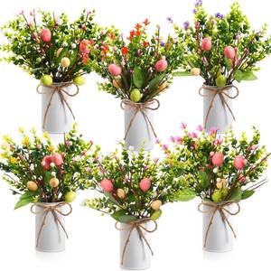 lot 13973 image: Riceshoot 6 Sets Spring Easter Table Centerpiece Decor 12 Easter Artificial Flower Picks with 6 Metal Pots 12 Eucalyptus Egg Stems Twig Branches Sprays with Berries for Home Arrangement(White)