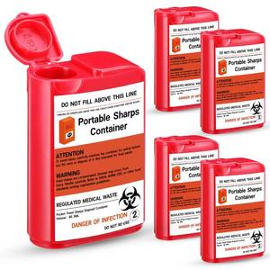 lot 14052 image: Baderke 5 Pack Pocket Travel Sharps Disposal Container Sharps Containers for Home Use Small 80 Ml Container Diabetic Supplies Easy to Use for Diabetic Needles, Lancets, Strips (Red)