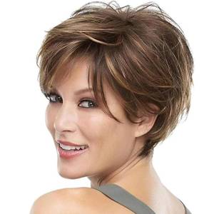 lot 14105 image: QUEENTAS Short Wigs for White Women Bob Brown Pixie Cut Wig Realistic Synthetic Brunette Wig with Bangs for Daily(Brown Mixed Blonde)