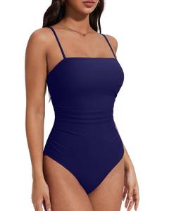 lot 14141 image: SUUKSESS Women Sexy One Piece Swimsuit Tummy Control Square Neck Bathing Suit Retro Backless Swimwear (Navy Blue,XL)