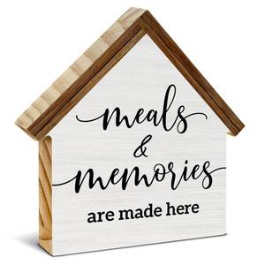 lot 14158 image: Farmhouse Kitchen Decor, Meals and Memories are Made Here House Shaped Wooden Block Sign, Rustic Dining Room Kitchen Decor for Desk Table Shelf