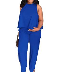 lot 14164 image: BXBY Two Piece Sets for Women Summer Pleated Ruffle Hem Sleeveless Top Wide Leg Pant Outfits Casual Vacation 2024 Tracksuit Blue L