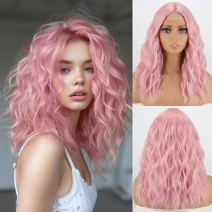 lot 14167 image: MISSQUEEN 18Inch Shrot Wavy Pink Wigs for Women Synthetic Heat-resistant Natural Realistic Middle Parting Light Pink Hair for Everyday Hairstyle Cosplay Party Halloween Use