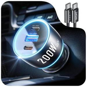 lot 14203 image: LISEN 200W Car Charger USB C Fast Charge Gan PD 140W Fast Car Charger USB C, 3 Port Type C Fast Charging for Multi Device, for iPhone 17 16 15 14 13 12, MacBook Neo, Laptop, iPad, Samsung S26 S25