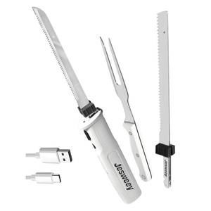 lot 14208 image: Jesweey Cordless Electric Carving Knife for Meat Slicing, Fish, Bread, Turkey, Ergonomic Handle, Serving Fork Included, Storage Case& Safety Lock