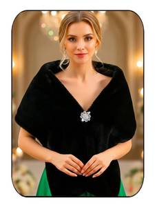 lot 14228 image: EASEDAILY Womens Fur Shawls and Wraps Wedding Stoles Long Bridal Fur Shrug with Brooch for Brides and Bridesmaids (A -Black) (C-Beige)