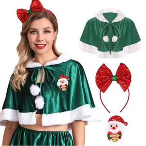 lot 14244 image: Aukmla Christmas Cloak Mrs Santa Claus Velvet Cape Costume Cosplay Shawl Wrap with Brooch Hat Sequin Bow Headband for Women