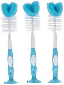 lot 14254 image: Dr. Browns Reusable Sponge Baby Bottle Cleaning Brush Set with Suction Cup Stand, Scrubber and Nipple Cleaner, Blue 3-Pack