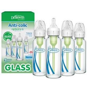 lot 14275 image: Dr. Browns Anti-Colic Options Narrow Glass Baby Bottle with Level 1 Slow Flow Nipple, BPA-Free, 8 oz250 mL, 0m, 4-Pack (Packaging May Vary)