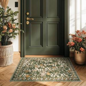lot 14283 image: jinchan Eden Floral Area Rug 2x3 Entryway Vintage Washable Indoor Doormat Accent Rug Lightweight Soft Small Non-Slip Low Pile Distressed Green Carpet for Entrance Kitchen Bedroom Bathroom
