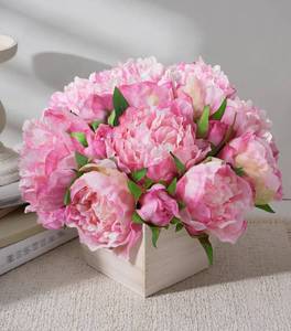 lot 19200 image: FancyPlus Peonies Artificial Flowers with Wood Pot, 12Pcs Pink Silk Flower Home Decor, Centerpieces for Tables, Floral Bulk with Planter, Lifelike Peony for Windows Office Dinning Room Bookshelves