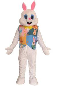 lot 19206 image: Easter Bunny Mascot Costume with Colorful Patchwork Vest, Yellow Bow Tie, Pink Ears, Adult Size Full Body Character Suit
