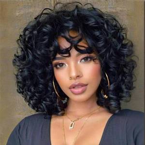 lot 19218 image: Kavsni Short Curly Wigs for Black Women Soft Black Big Curly Wig with Bangs Afro Kinky Curls Heat Resistant Natural Looking Synthetic Wig for African American Women ��Black��