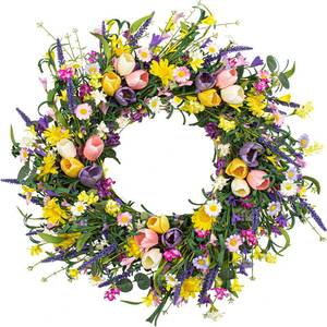 lot 19229 image: LLZLL Spring Wreath 22 inch Indoor Summer Wreaths Artificial Spring Wreaths for Front Door, Tulip Wreath with Daisy and Lavender for Home Holiday Decor