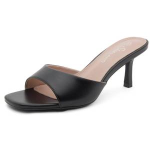 lot 19243 image: Shoe Land Womens Low Heels Stiletto Heeled Slides, Open Toe One Band Slip-On Heeled Mules �� Dressy Heeled Sandals for Prom, Party Wedding and Vacation, Black, Size 8.5, Deverena