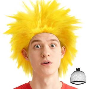 lot 20210 image: TIKJOYS Yellow Short Spiky Wig Crazy Wig Cosplay Party Wigs Fluffy Synthetic Funny Clown Wigs For Adults Men Women Halloween Themed Events Celebrations Outfit  Hair Cap