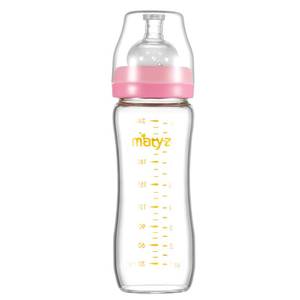 lot 20212 image: Matyz 8 Ounce Glass Baby Feeding Bottle With Nipple - Light and Slim, Easy to Hold and Clean - Food Grade Borosilicate Glass, Wide Neck for Breastmilk Feeding, No BPA (Pink Lids)