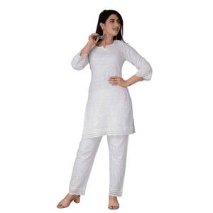 lot 20215 image: Chikankari Cotton Indian Kurtis for Women Summer Dresses Tunic Top Pant Set Pakistani Salwar Kameez Suit Set White-(Medium)