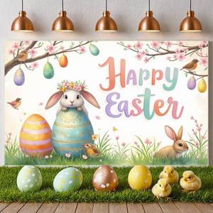 lot 20244 image: Happy Easter Banner Easter Bunny Egg Backdrop Decorations Colorful Spring Rabbit Flower Background Photo Props for Home Party Holiday Decor Supplies Classroom Photography Indoor Outdoor