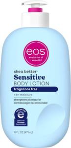 lot 20287 image: eos Shea Better Sensitive Skin Body Lotion, 48-Hour Moisture Skin Care, For Dry Skin, Fragrance Free Body Lotion, Eczema Lotion, Vegan, 16 fl oz (Packaging may vary)