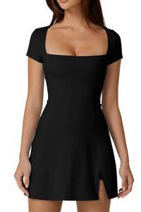 lot 20294 image: QINSEN Tennis Dress for Women Square Neck Short Sleeve Active Workout Dress Built in Shorts Black L