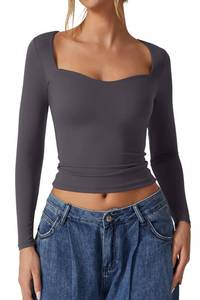 lot 20299 image: QINSEN Womens Daily Basic Tops Double Lined Long Sleeve Sweetheart Neck Cropped Tee Shirt Dark Grey S (WHITE)