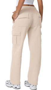 lot 20301 image: QINSEN Womans Elastic Waist Winter Fleece Pants 6 Pockets Active Jogger Pants Beige L