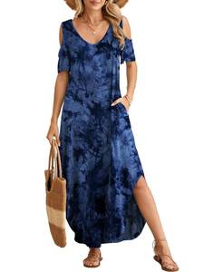lot 20305 image: BELAROI Plus Size Maxi Dress for Curvy Women Summer Casual Cold Shoulder V Neck Pockets Beach Coverup Vacation Loose Sundress (5X, T09-Dark Blue)