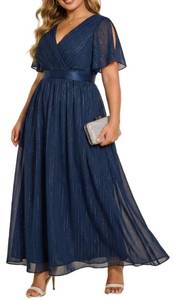 lot 20317 image: Talisea Plus Size Navy Blue Dresses Chiffon Bridesmaid Wedding Guest Cocktail Short Sleeve V Neck A-Line Floor Length Dress (BLACK)(SIZE 20W)