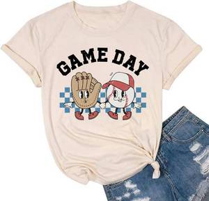 lot 20318 image: Baseball Shirts Women Baseball Mom Tshirt Baseball Game Day Graphic Tee Funny Short Sleeve Tops(X-Beige, M)