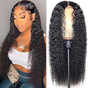 lot 14207 image: mdgfge 28inch Lace Front Wigs Human Synthetic Hair Pre-Plucked Glueless Curly Lace Frontal Wigs Wet and Wavy Human Hair Wigs for Black Women Brazilian Virgin Natural Black Color