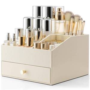 lot 9634 image: VLANDO Makeup Organzier,Vanity Organizer with Drawers, PU Leather Skincare Organizer Perfume Organizer,Large Cosmetic Display Case for Lipstick,Brushes Gifts for Women-Beige