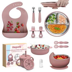 lot 9653 image: 13 Pack Silicone Baby Feeding Set, BPA-Free Stainless Steel Toddler Feeding Supplies, Include Suction Plates, Baby Bowls, Silicone Fork & Spoon, and More, First Stage Baby Dish Set - 6 Months