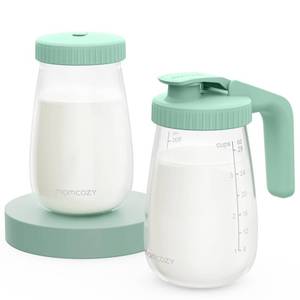 lot 9654 image: Momcozy Glass Breast Milk Pitcher, Milk Storage Container with Flat Lid & Handle Lid, Wide Mouth Leak-Resistant, Baby Formula Pitcher, Heat & Cold Resistant, 2 PCS, 32OZ Each (64OZ Total)