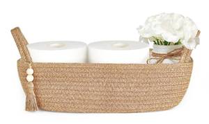 lot 10378 image: Mkono Small Storage Basket for Toilet Tank Top Boho Bathroom Decor Woven Rope Toilet Paper Tray Organizer for Shelf Bedroom Living Room, Jute, 1 Pack, 13in. L x 6in. W