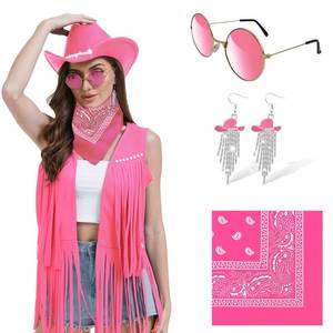 lot 10379 image: FunMular Cowgirl Outfit for Women Western Outfit Costume Accessories Cowboy Hat Tassel Fringe Vest Earring Bandana for Halloween