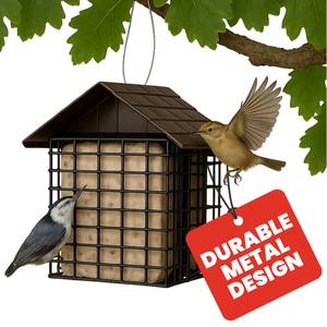 lot 10384 image: More Birds Double Suet Cake Feeder with Weather Guard, Steel Construction, Powder-Coated Black Finish, 6.75in x 5in x 7in, Brown Feeder for Woodpeckers and Wild Birds, 38070