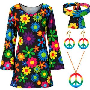 lot 10387 image: SATINIOR 4 Pcs 70s 80s Women Hippie Costume Set Disco Outfit Headband Peace Sign Earring Necklace 70s Outfits for Women (M)