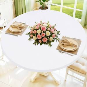 lot 10407 image: Moosfor Round Spandex Tablecloth, Elastic Fitted Waterproof Tablecloths for 36in.-44in. Tables, Stretch Washable Picnic Table Cover for Camping, Dining, Indoor and Outdoor, White