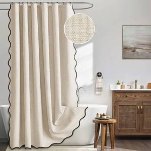 lot 11491 image: MIULEE 84in. Long Scalloped Shower Curtain Linen Textured with 12 Metal Hooks Cute Extra Long Heavy Duty Washable Waterproof Cloth Shower Curtains with Black Border for Bathroom Bathtub,Cream Beige