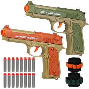 lot 11509 image: 2 Pack Blaster Toy Guns for Boys Fit for Nerf Guns Darts, Small Toys Pistol for Boys Birthday Gifts, for Kids Toddlers Age 6-8 8-12 Year Olds - 16 Refill Foam Darts 2 Wristbands (Green Orange)