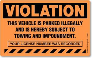 lot 12285 image: SmartSign (50-Pack) 5in. x 8in. Violation - Vehicle Illegally Parked, Subject to TowingImpoundment Parking Stickers with Permanent Adhesive, 4.5 mil Paper, Fluorescent OrangeBlack