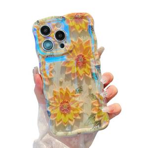 lot 12302 image: XIZYO Case for iPhone 16 Pro Max, Colorful Retro Oil Painting Flower Cute Floral Aesthetic Curly Wave Frame Laser Glossy Reflective Exquisite Stylish Protective Cover Women Girls-SunflowerGreen